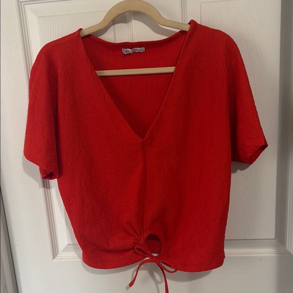 Zara Red Textured V-Neck Blouse